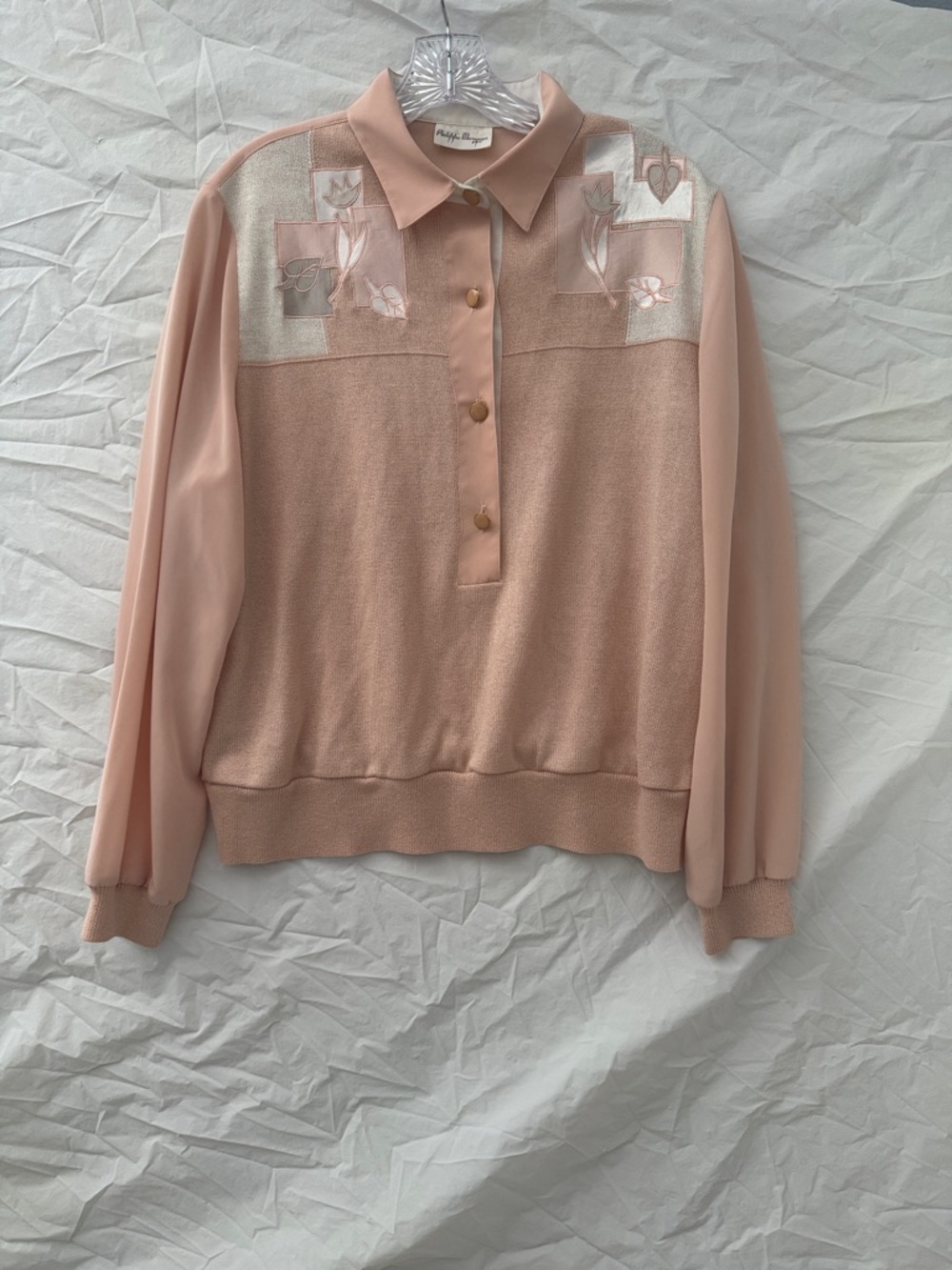 Cottagecore Vintage Pink Embroidered Long Sleeve Polo Top with Sheer Sleeve/back